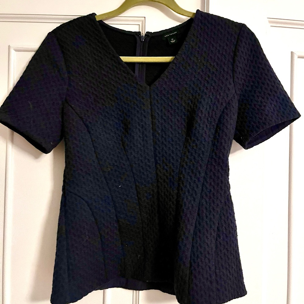Ann Taylor Textured Peplum Navy Blouse